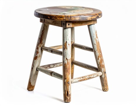 Old wooden milking stool with three worn legs and peeling varnish isolated on a white background