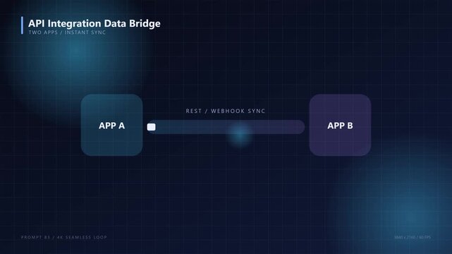 Api integration data bridge: two apps instant sync process with rest webhook connection animation 4k