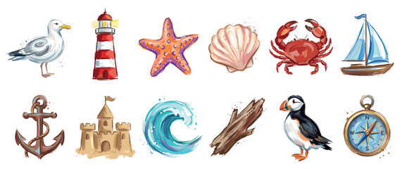 Obraz premium Ocean and beach icons set. Summer vacation and marine life concept. Includes seagull, lighthouse, starfish, seashell, crab, sailboat, anchor, sandcastle, wave, driftwood, puffin, compass
