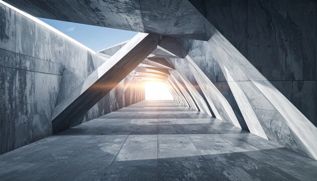 Futuristic concrete tunnel architecture with dramatic light illuminating the path forward