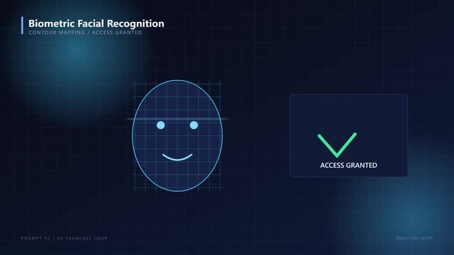 Biometric facial recognition technology interface with contour mapping and access granted status animation 4k