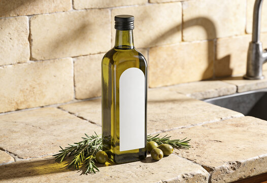 Extra virgin olive oil bottle mockup with blank label, glass olive oil container on kitchen stone counter, fresh rosemary sprig, green olives, organic cooking ingredient, culinary packaging design.