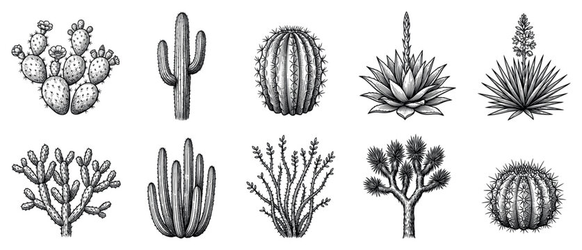 Desert plant icons set. Arid flora and succulent concept. Includes prickly pear, saguaro, barrel cactus, agave, yucca, cholla, ocotillo, Joshua tree. Hand-drawn engraving style