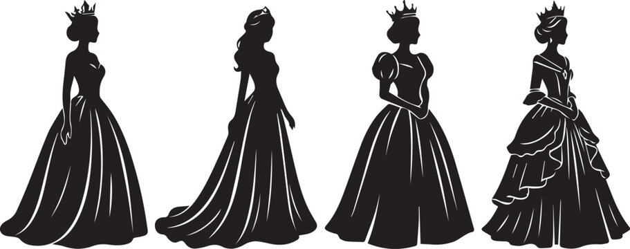 Four elegant women in vintage ball gowns posing together. Classic Victorian era silhouettes with lace and ruffles for historical fashion design.