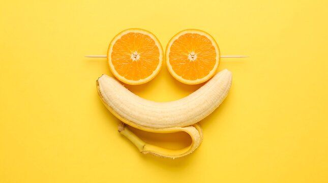 A creative smiley face made from fresh orange slices and a banana on a bright yellow background surface
