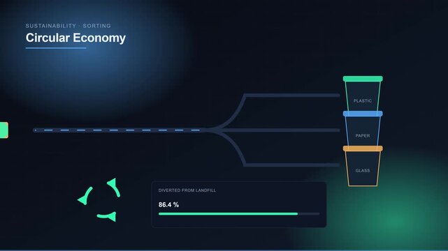 Circular economy waste sorting infographic: plastic, paper, and glass recycling process for sustainable environmental management animation 4k