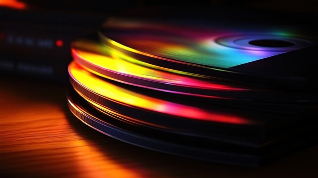 Rainbow CDs stacked, dark room, wooden surface, data storage