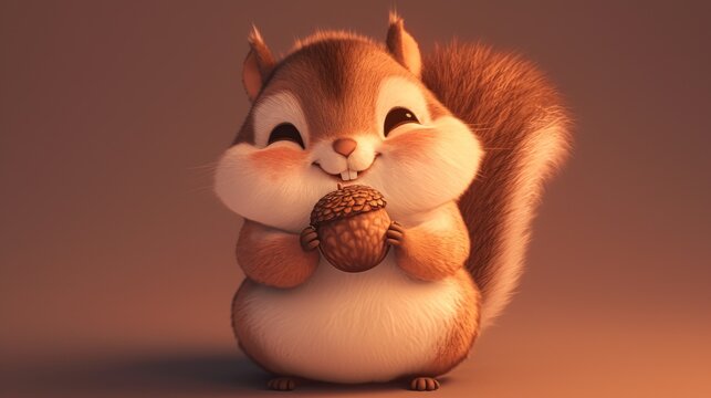 Happy cartoon squirrel holding acorn, sunset background, cute illustration