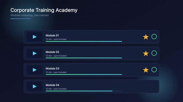Corporate training academy interface with interactive e-learning modules and progress tracking ui animation 4k