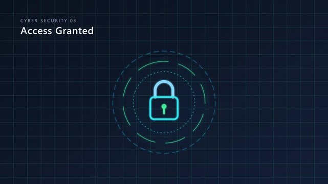 Cyber security access granted animation with digital padlock and data grid 4k background, data protection