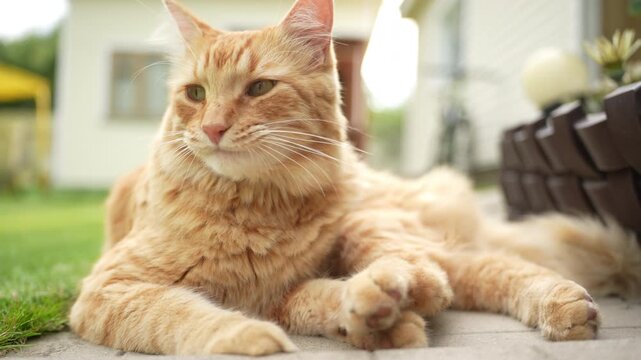 Adult ginger cat lying on concrete path and cleaning itself in garden. ginger tabby cat lies comfortably on a concrete pathway in the backyard of a countryside dacha, licking its paw and cleaning