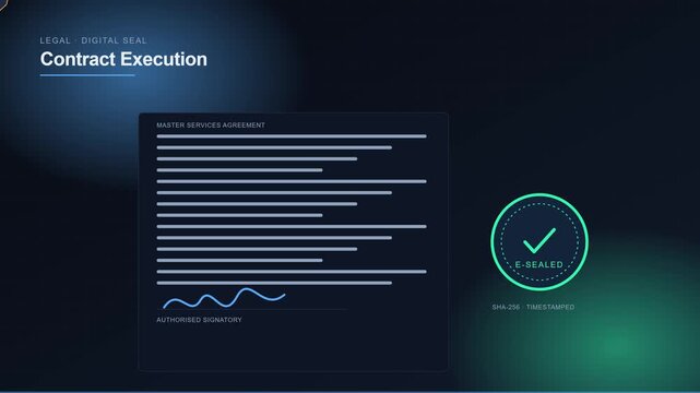 Digital contract execution and e-sealed master services agreement with blockchain timestamp verification animation 4k