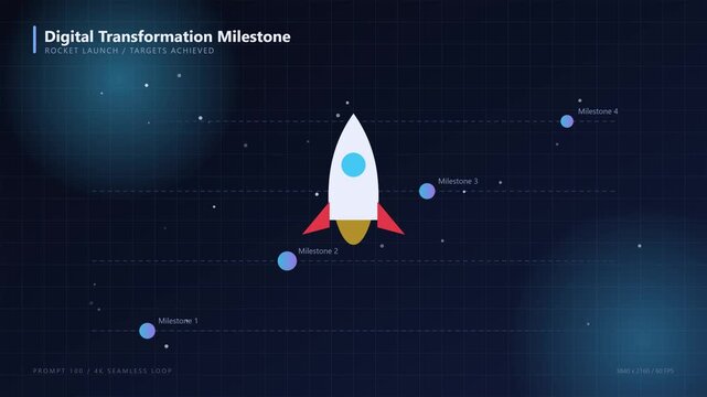 Digital transformation milestone rocket launch: achieving business goals and startup growth strategy concept animation 4k