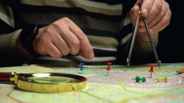 Hands of a person using a compass to mark locations on a detailed map with colorful push pins, a magnifying glass, and various map details visible in a dimly lit workspace