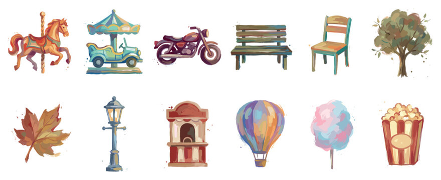 Park and fairground icons set. Outdoor recreation and entertainment concept. Includes carousel horse, merry-go-round, motorcycle, bench, chair, tree, maple leaf, lamppost, ticket booth, hot