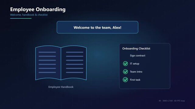 Employee onboarding process checklist and handbook interface for corporate welcome and new hire orientation training presentation animation 4k