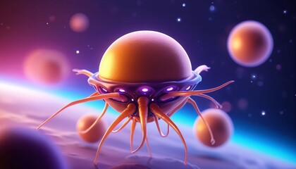 Naklejka premium Floating alien jellyfish above cosmic horizon