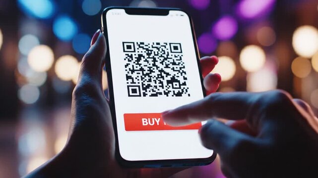 Hand holding smartphone with QR code and buy button