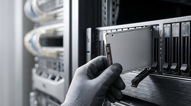 Close up of a technician hand in a glove inserting a solid state drive into a server rack. IT hardware upgrade and data storage equipment maintenance