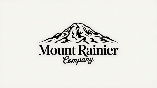 Black and white mount rainier company logo design featuring an evergreen mountain peak illustration suitable for branding travel tourism or outdoor adventure business concepts