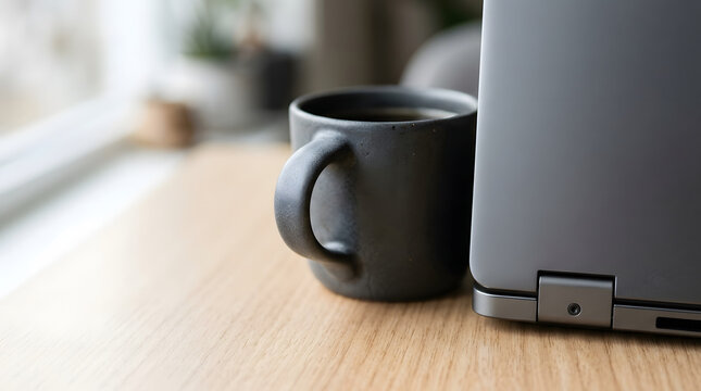 Black coffee mug and closed laptop on wooden desk. Minimalist home office workspace with natural light