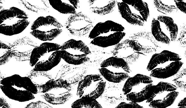 Graphic black and white lipstick kiss marks seamless pattern with lipstick romantic background monochrome repeating