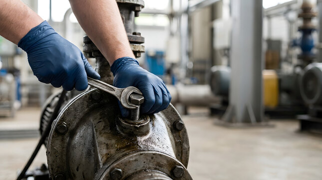 Close up of mechanic hands in blue gloves using a wrench to tighten a bolt. Technician performing maintenance of equipment on an industrial valve