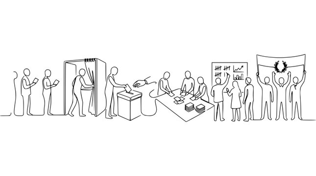 Continuous line art illustration of people participating in a democratic voting and election process