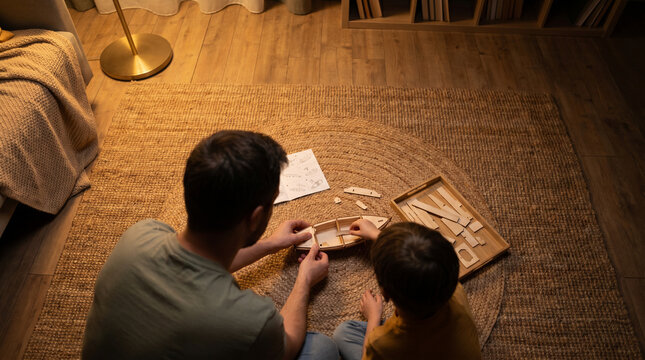 Parent and child assembling a wooden model kit on the floor