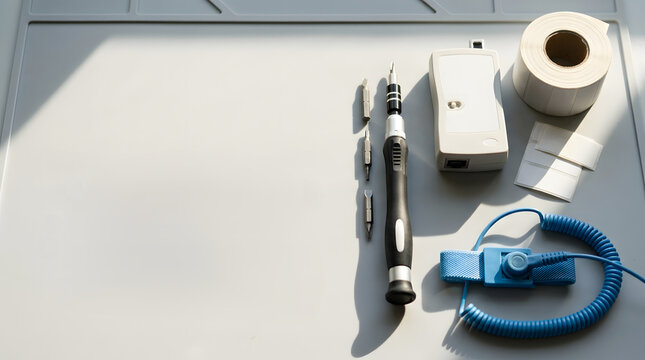 Flat lay of IT technician tools on grey anti static mat. Precision screwdriver network tester labels and wrist strap for electronics repair and equipment maintenance