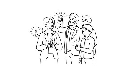 Obraz premium Group of People Holding Candles and Lantern Together in Line Art Style