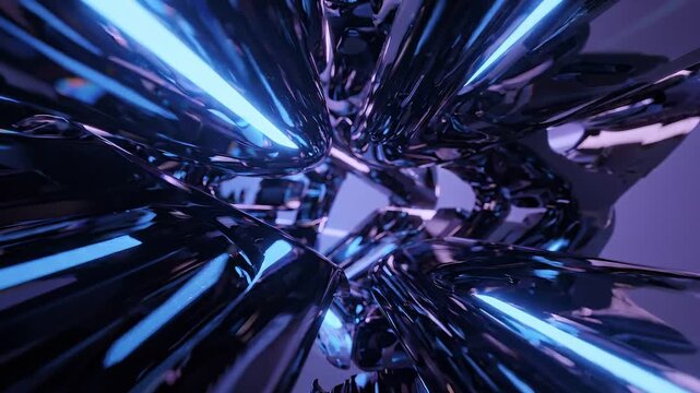 Smooth drifting motion across an elegant dark glass structure, refracting soft neon blue and purple lights to create a sophisticated, futuristic, and deeply satisfying abstract visual texture.