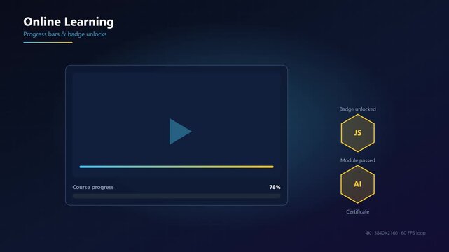 Online learning progress bar and badge unlocks animation for e-learning platforms 4k education
