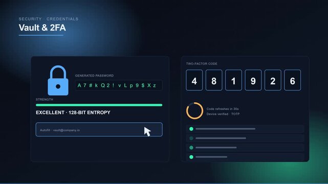 Secure vault and 2 fa two-factor authentication interface with strong password generation and totp code for cybersecurity and data animation 4k