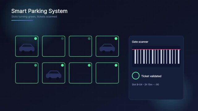 Smart parking system interface with automated ticket scanner and real-time slot validation dashboard animation 4k