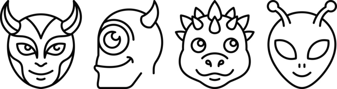 Cute Monster and Alien Character Line Art Set Vector Illustration for Coloring and Icons.