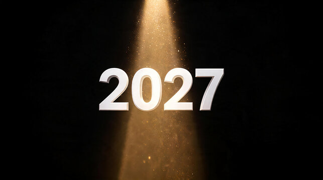 2027, new year, spotlight 2027, glowing white year number 2027 with golden light beam, future date, modern calendar event, night stage lighting, festive celebration display, year text on dark.