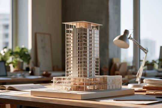 Architecture model shows modern sustainable high-rise building in engineering design studio during bright daylight