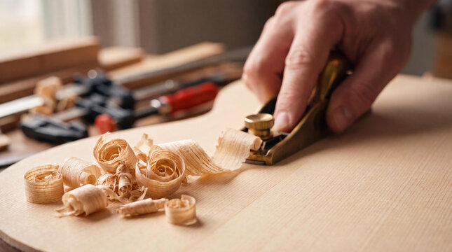 Craftsman luthier hand planing light wood surface with brass block plane, wood shavings close-up
