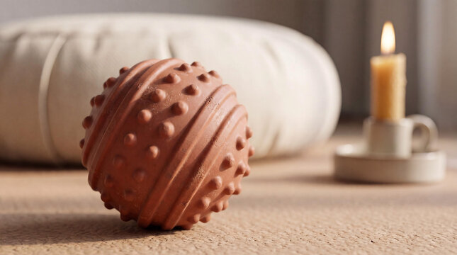Textured Massage Ball for Trigger Point Therapy on Yoga Mat with Meditation Cushion and Candle