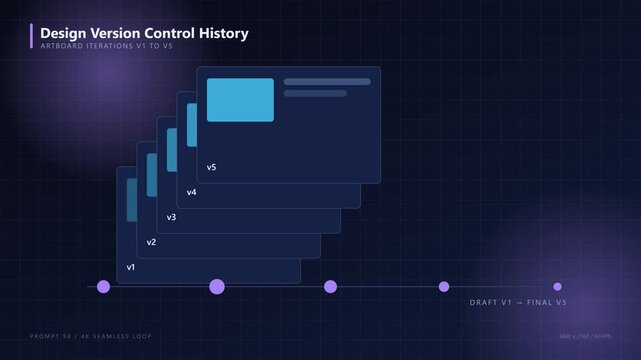 Version control history: artboard iterations v1 to v5 timeline animation 4k