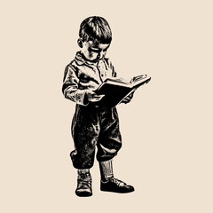 Vintage artwork of a little boy reading a book while standing, classic retro illustration.