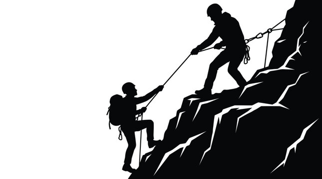 Silhouette of two mountain climbers helping each other ascend a steep rocky cliff face together
