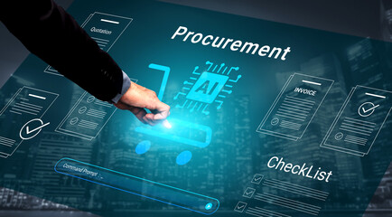 Fototapeta premium A hand interacts with a digital shopping cart on a futuristic interface, representing advanced procurement processes driven by artificial intelligence and technology in business operations. Cyphers