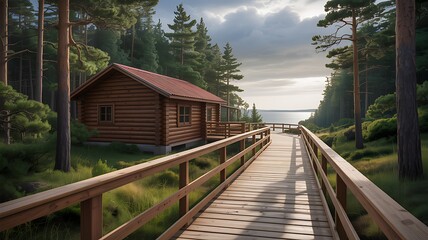 Fototapeta premium A serene wooden cabin nestled within a lush evergreen forest landscape featuring a scenic boardwalk path leading towards a calm lake at sunrise time