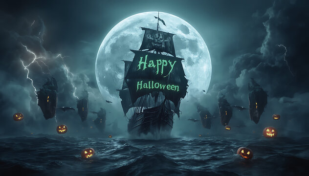 Happy halloween dark ghost ship sailing on ocean under full moon with lightning halloween lightning adventure nautical dramatic