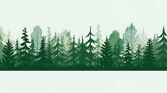 A beautiful seamless border illustration featuring a dense evergreen forest landscape with layered pine trees created in a stylized watercolor painting art technique