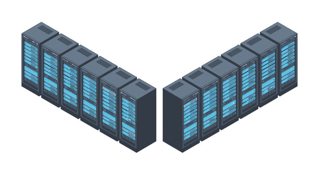 Isometric view of multiple dark gray server cabinets arranged in a modern clean data center layout