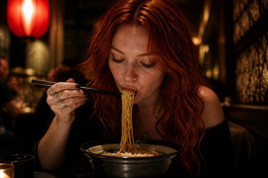 Red haired woman eating noodles at dimly lit restaurant