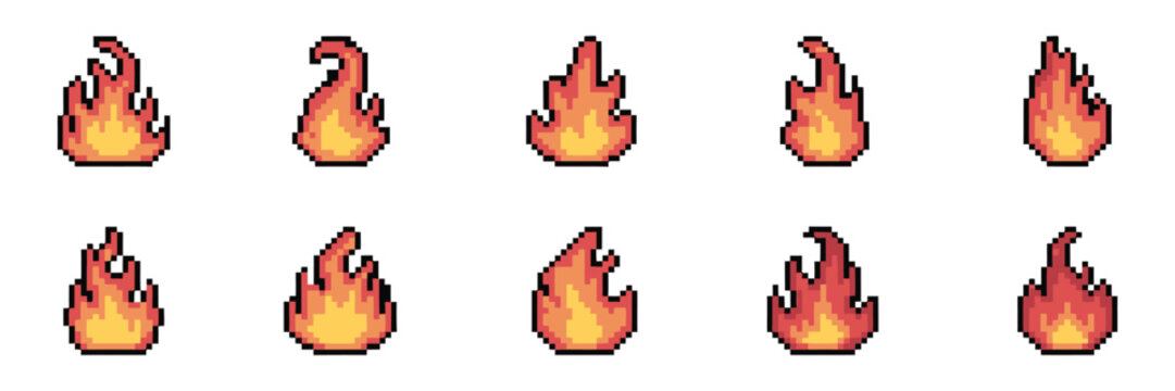 Pixel art fire icons with retro flames in red, orange and yellow